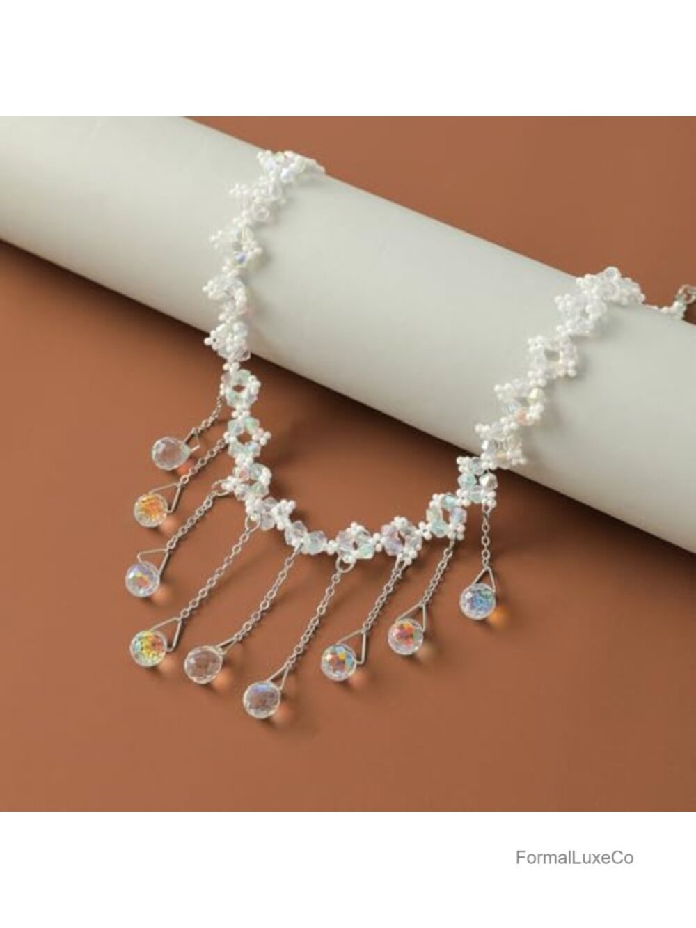 Rhinestone Crystal Tassel Choker Necklace Pearl Beaded Dainty Cubic Zirconia - Picture 5 of 6